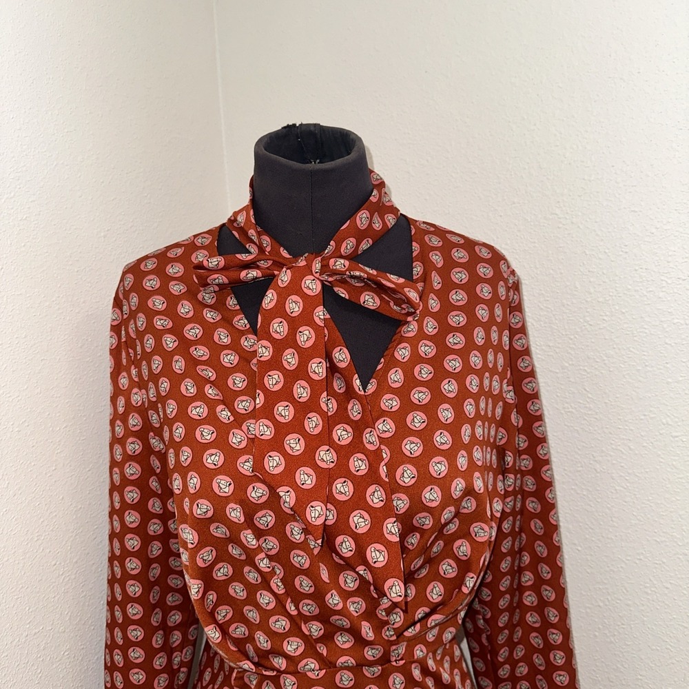 Topshop‎ Horse Coin Print Long Sleeve Midi Dress Orange Geometric Womens Sz 10 - Picture 3 of 9